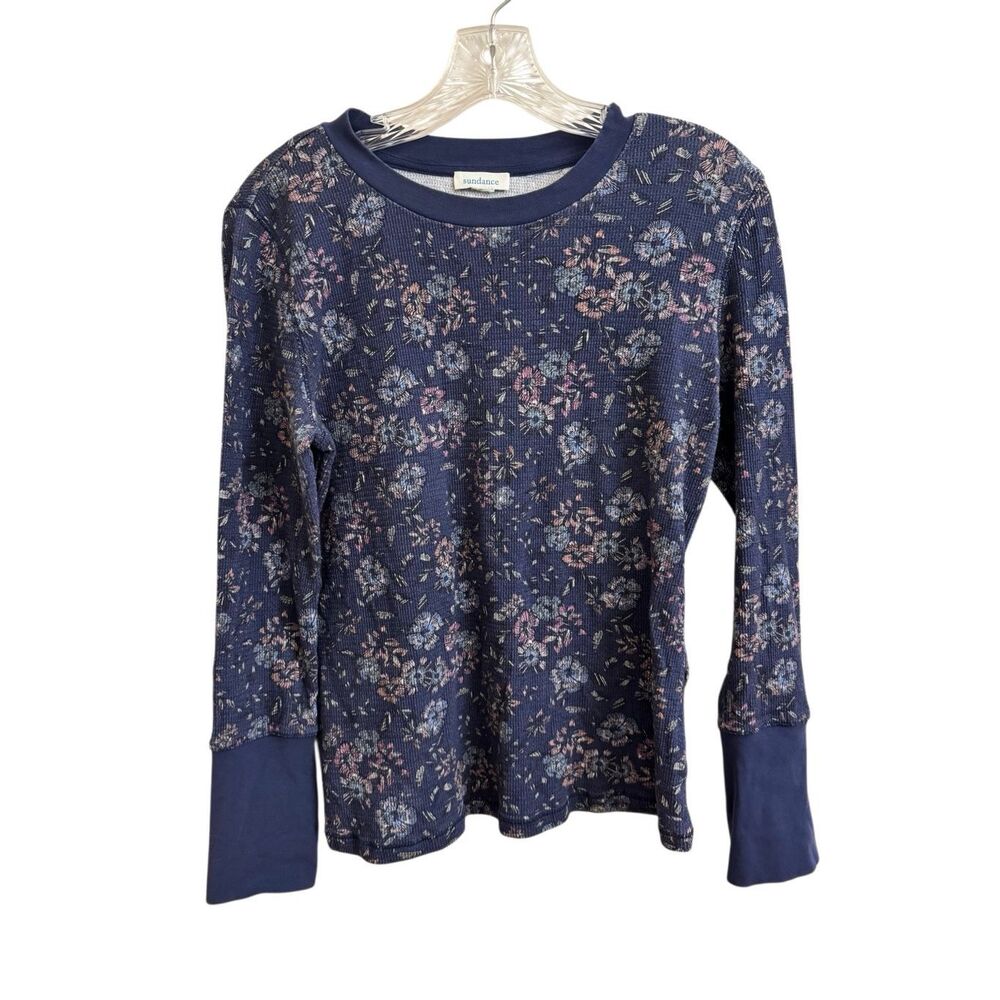 Sundance Waffle Knit Thermal Long Sleeve Tee Blue Floral Size Medium